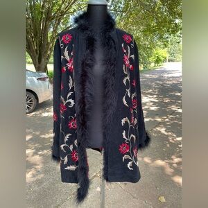 Victor Costa Womens Embroidered Duster Jacket Black Cottage Floral 90s Size L
